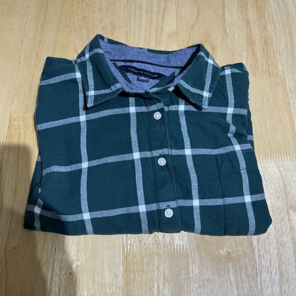 Tommy‎ Hilfiger Shirt Womens Size XL-TG/XG Green Plaid Button Up Long Sleeve